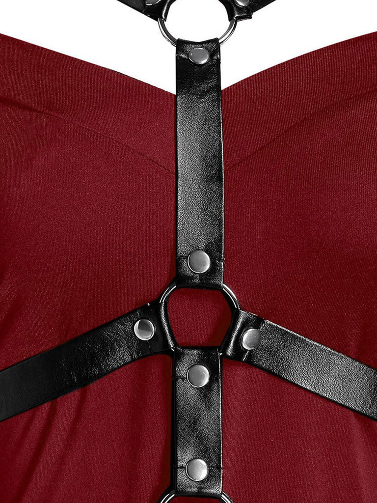 Abito gotico a maniche svasate patchwork bordeaux anni '70