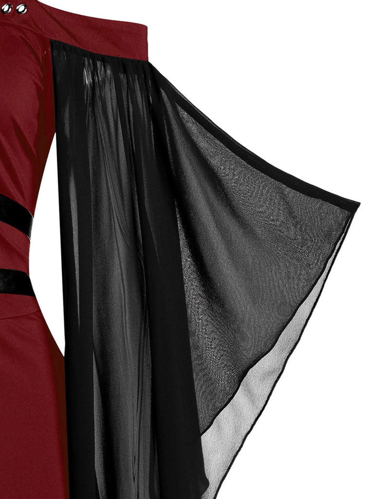 Abito gotico a maniche svasate patchwork bordeaux anni '70