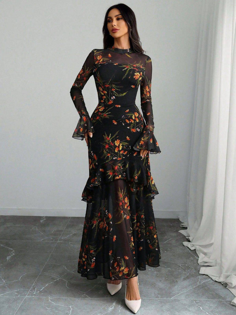 Abito lungo con volant in rete floreale nero anni '30