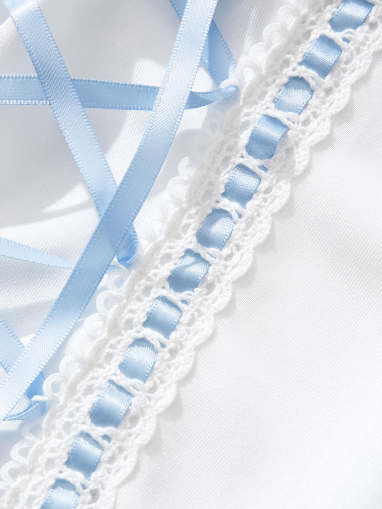 Completo intimo con lacci e fiocco in pizzo a contrasto anni '70