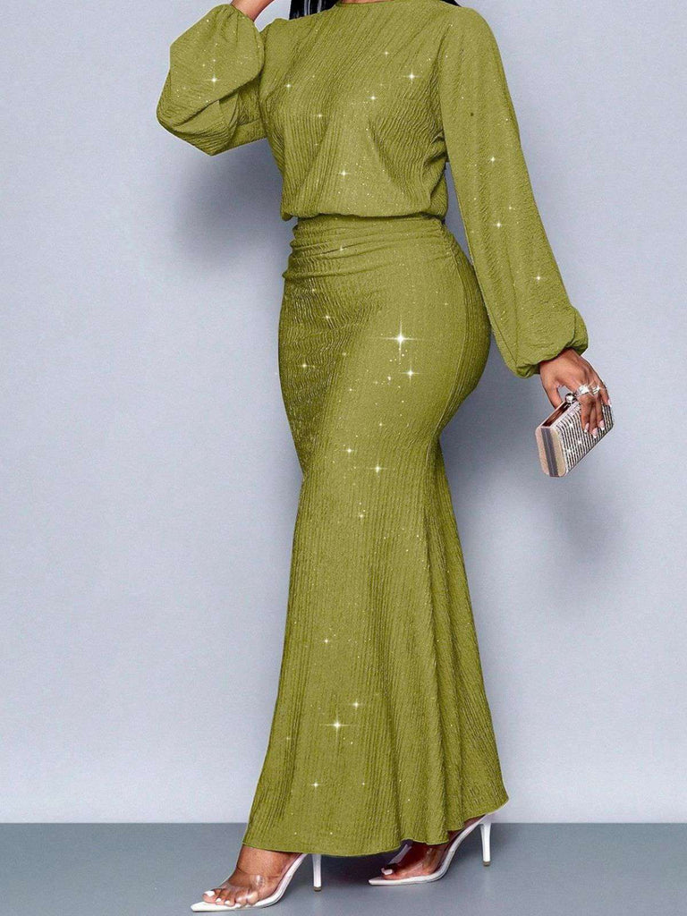 Abito a sirena in maglia glitter con maniche a lanterna anni '30