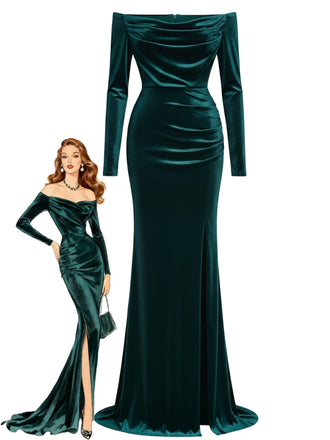 Abito in velluto con spalle scoperte arricciato e spacco laterale anni '30