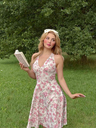 Abito scollo a V floreale rosa anni '50