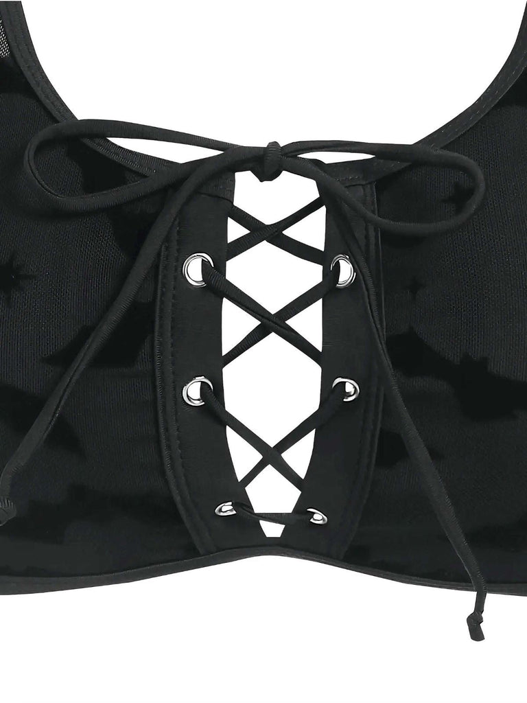 Set bikini gotico pipistrello spalline rete nero anni '80
