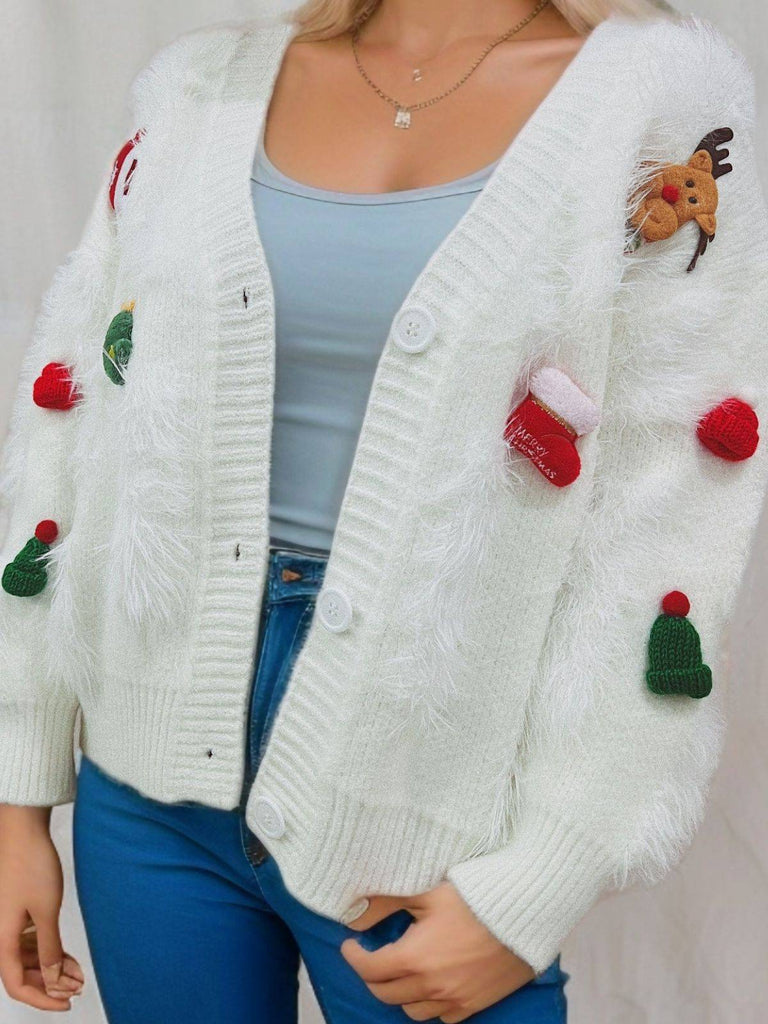 Cardigan in maglia e stampa natalizia 3D bianco anni '70