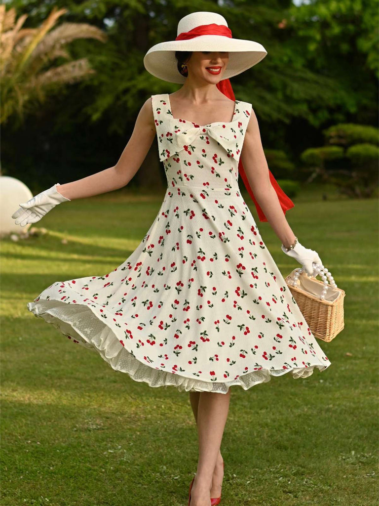 Abito scollo a cuore e fiocco di ciliegie bianco anni '50