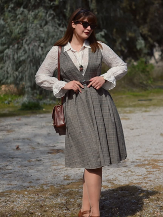 2PCS Abito a quadri e camicetta in raso grigio canni '40