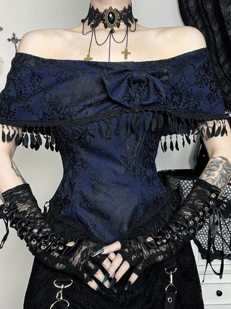 Top in pizzo con spalle scoperte e nappe Halloween blu anni '30