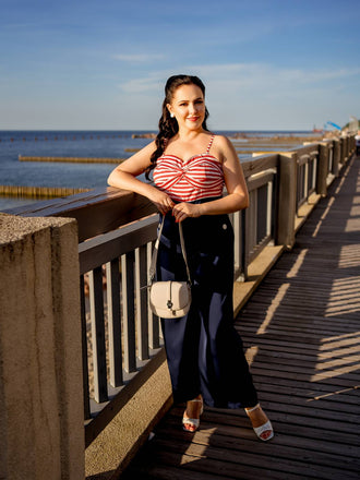 Tuta lunga a righe con spalline sottili blu scuro anni '30