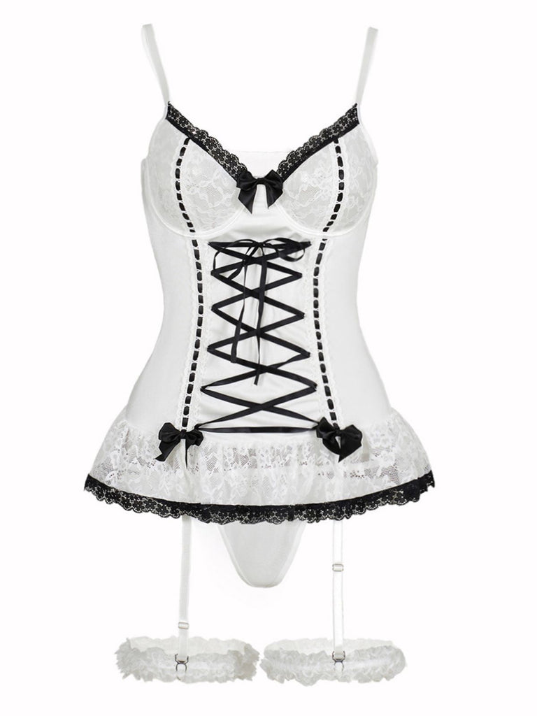 Completo intimo con lacci e fiocco in pizzo a contrasto anni '70