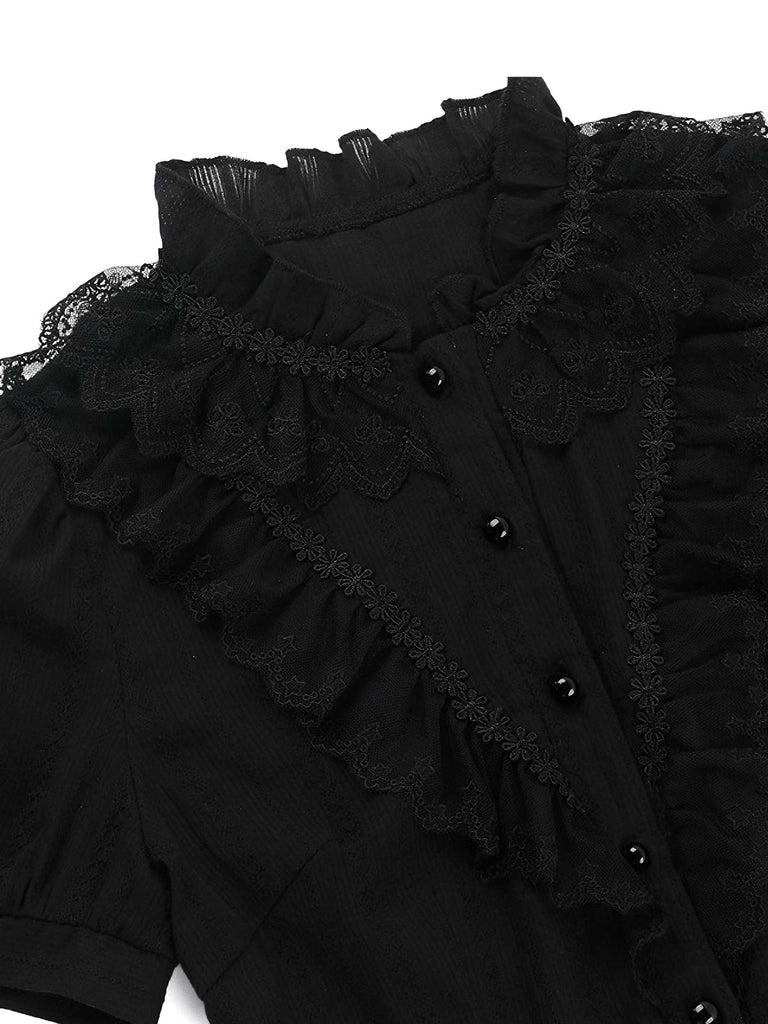 Camicetta gotico con volant in puro cotone nero anni '80