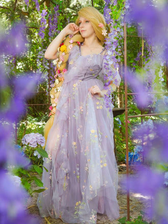 Abito in rete ricamato a fiori a sottoveste con spacco viola anni '70