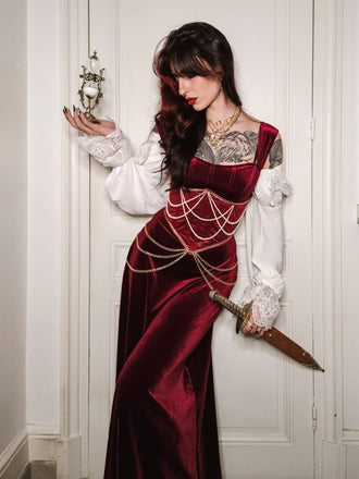 Abito formale in velluto spalle scoperte bordeaux anni '30