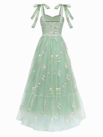 Abito verde anni '30 in rete ricamata e floreali con spalline da annodare