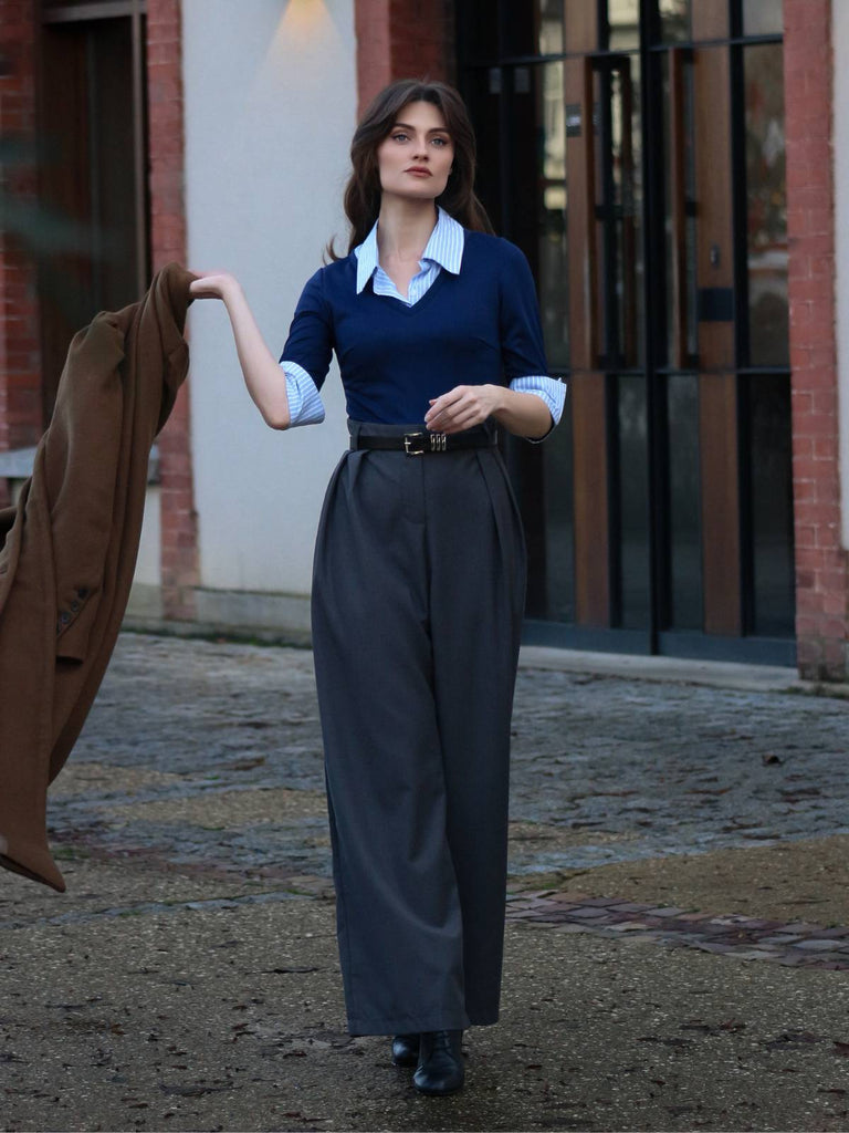 Tuta lunga con maniche a 3/4 in maglia colorblock blu anni '40