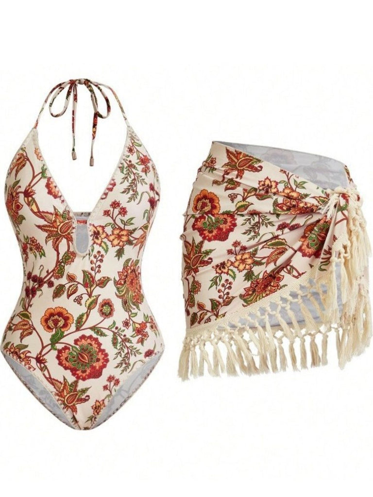 2PCS Costumi intero e copricostume con frange e floreale anni '60