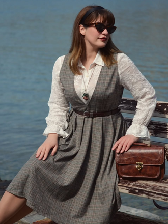 2PCS Abito a quadri e camicetta in raso grigio canni '40