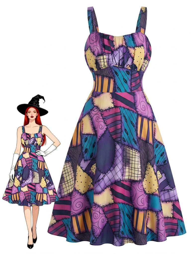 Abito Linea A Viola Anni '50 Patchwork Gotico Halloween