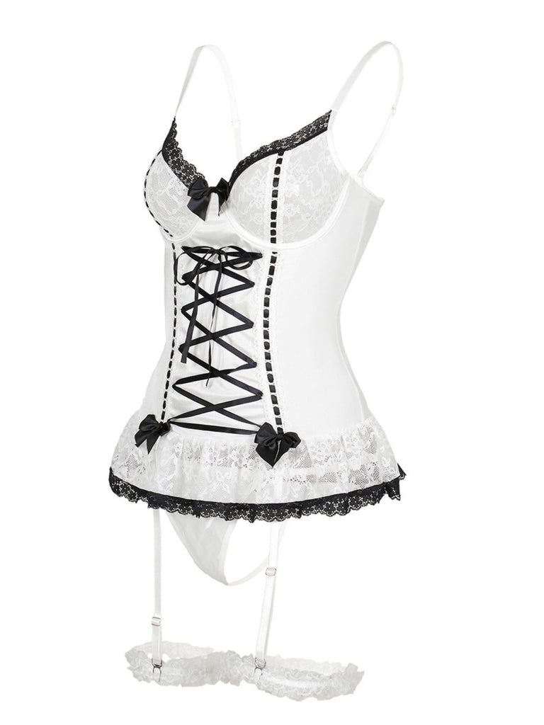 Completo intimo con lacci e fiocco in pizzo a contrasto anni '70