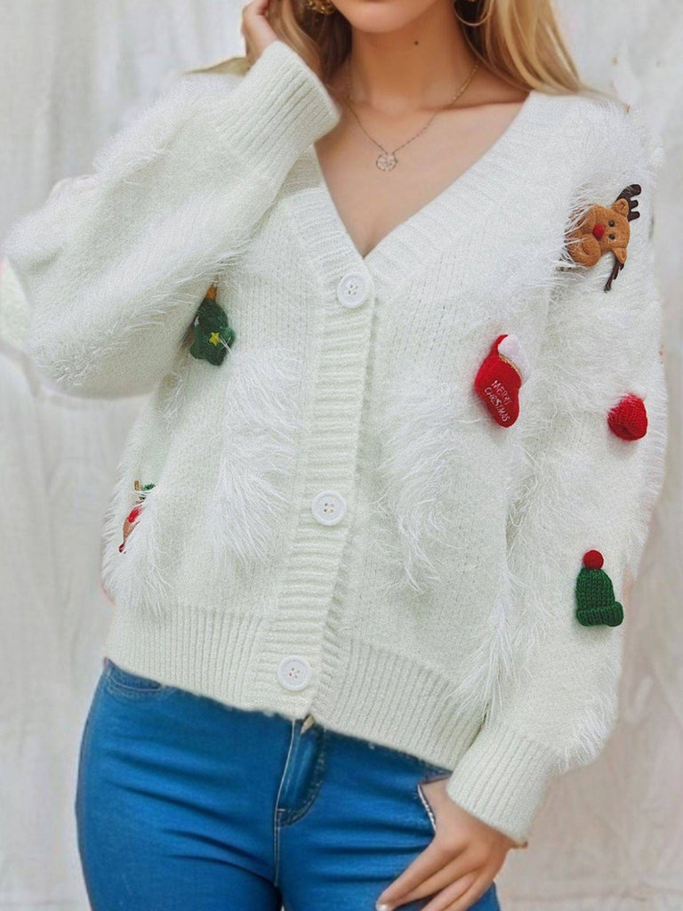 Cardigan in maglia e stampa natalizia 3D bianco anni '70
