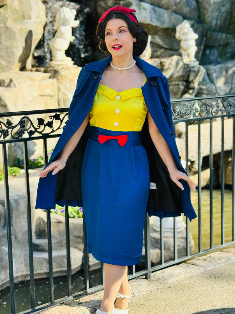 Abito a tubino spalline a fiocco giallo e blu anni '60