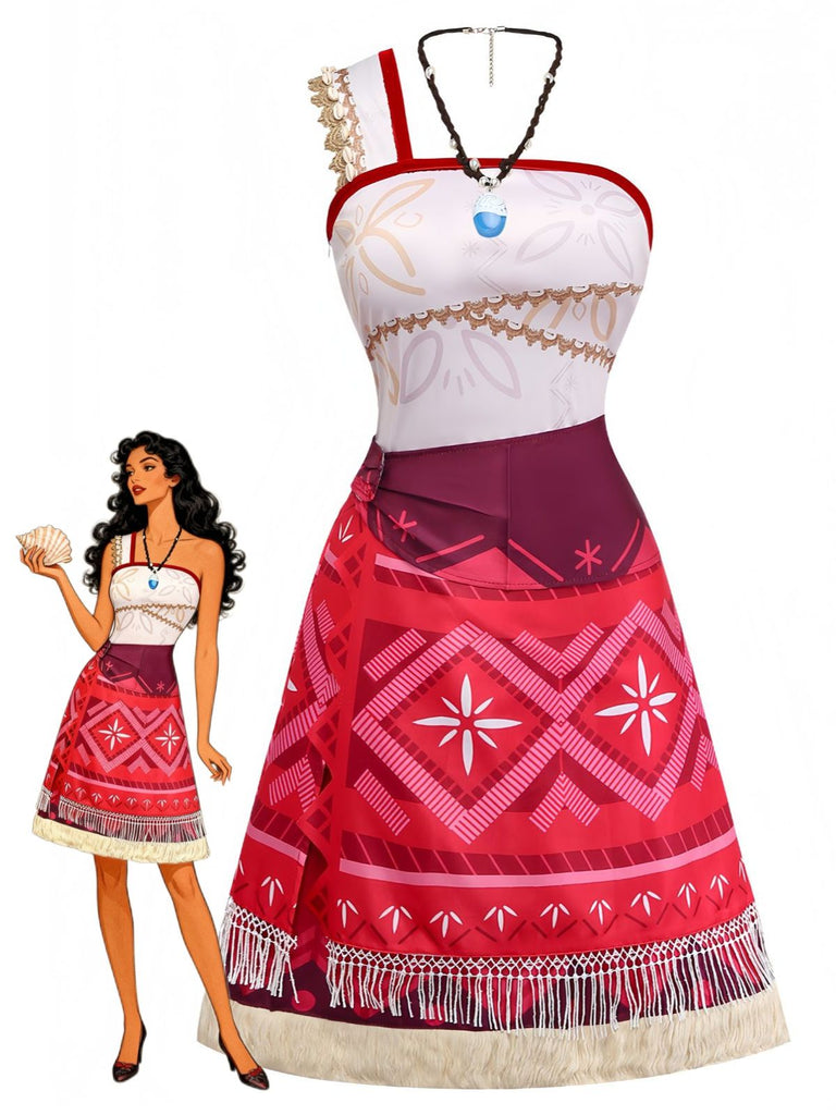 2PCS Set Cosplay Anni '70 Stile Moana Monospalla con Stampa Tribale