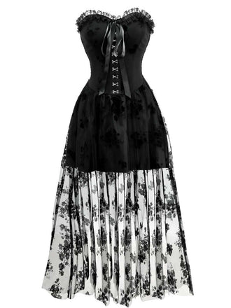 Abito da sposa gotico senza spalline in rete scura anni '70