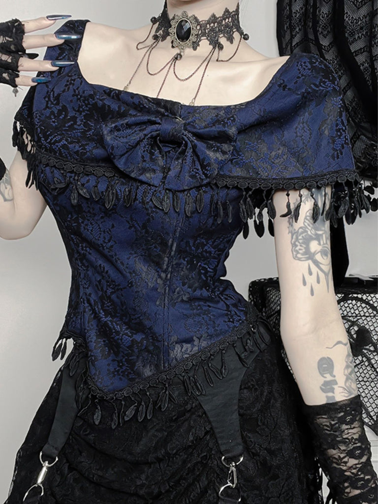 Top in pizzo con spalle scoperte e nappe Halloween blu anni '30