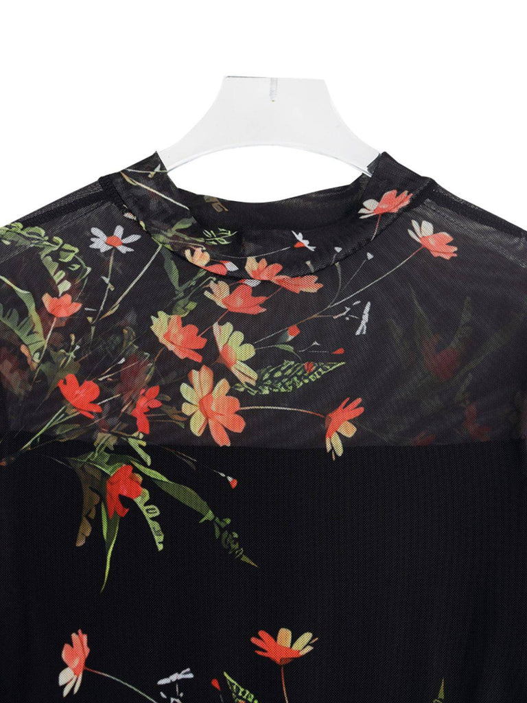 Abito lungo con volant in rete floreale nero anni '30