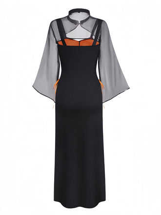 Abito pizzo floreale con mantello e cappello arancione anni '40