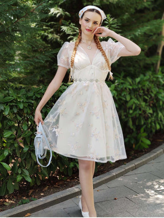 Abito ricami floreale scollo a V profondo bianco anni '50