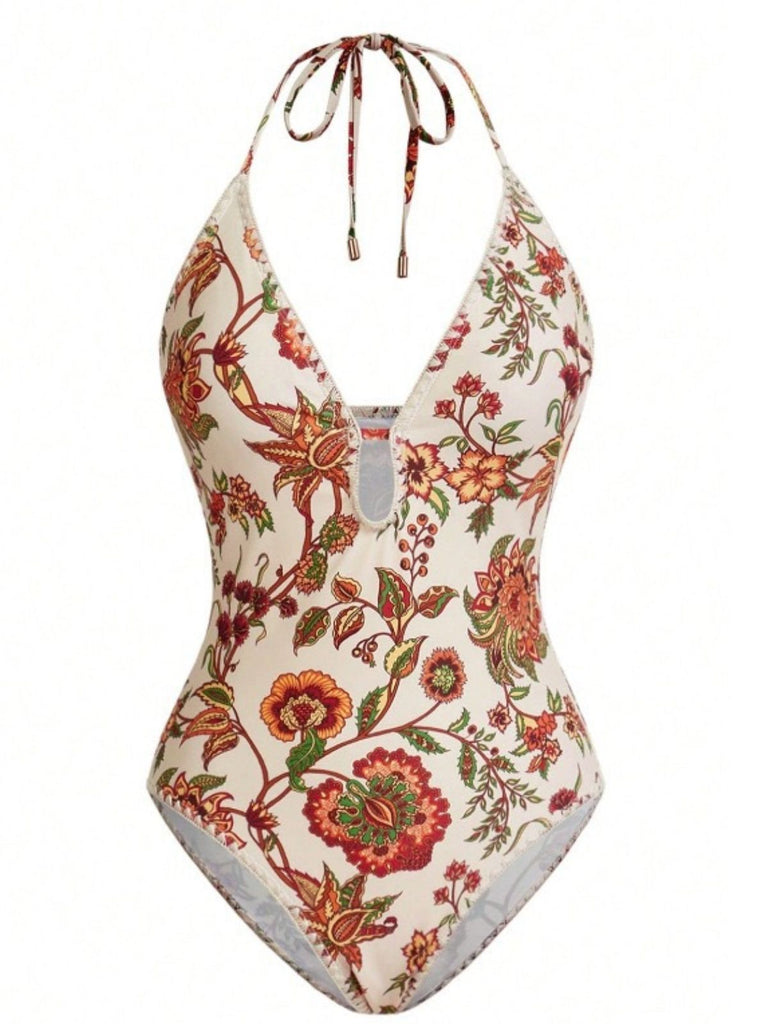 2PCS Costumi intero e copricostume con frange e floreale anni '60