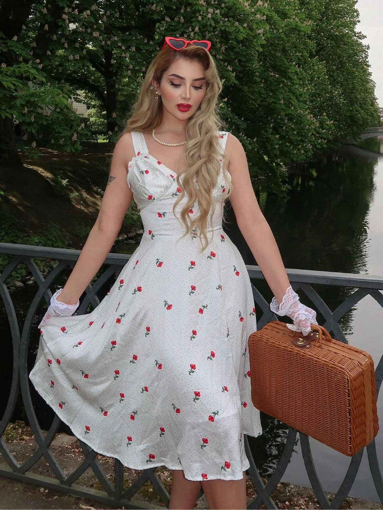 Abito in raso finta pois ciliegia bianco anni '50
