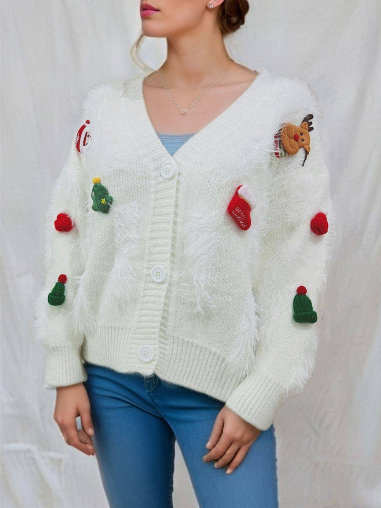 Cardigan in maglia e stampa natalizia 3D bianco anni '70