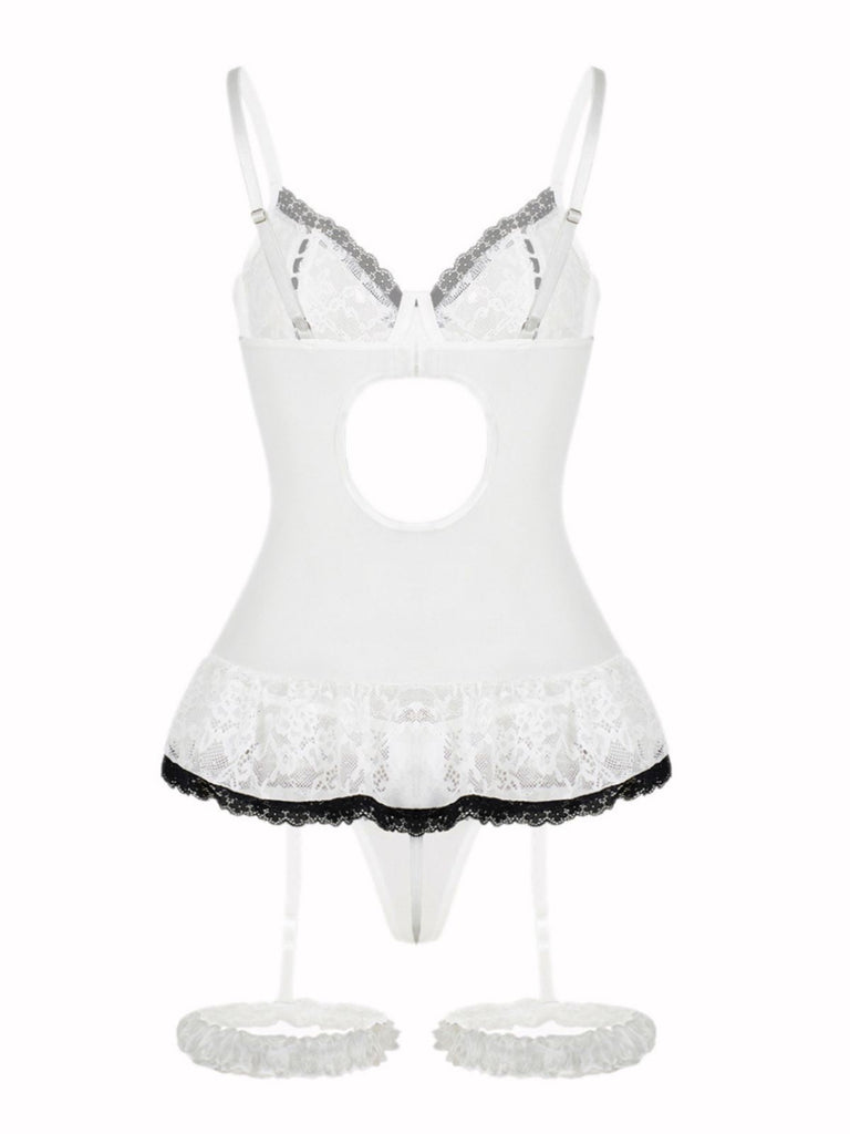 Completo intimo con lacci e fiocco in pizzo a contrasto anni '70