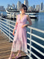 Abito Midi Rosa Anni '40 Floreale con Senza Maniche e Scollo a V