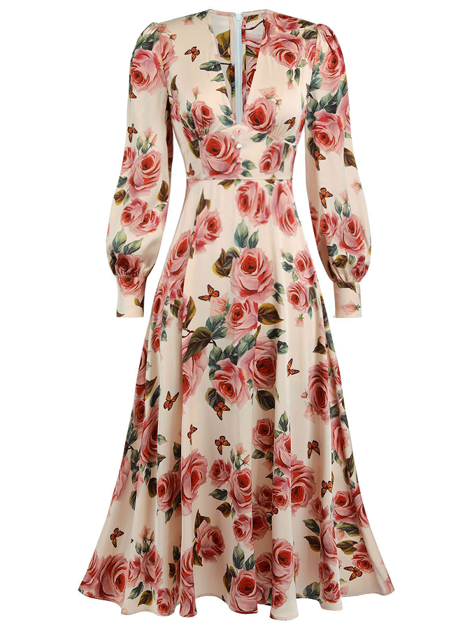 Abito a rose con maniche lunghe scollo a V anni '40