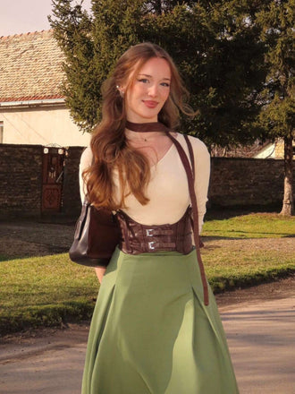 Abito plissettato in maglia con spalle scoperte beige e verde anni '50