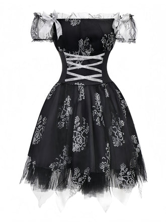 Abito sposa vampiro in rete con spalle scoperte nero anni '70