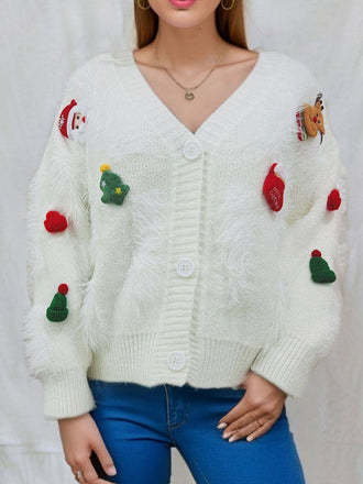 Cardigan in maglia e stampa natalizia 3D bianco anni '70