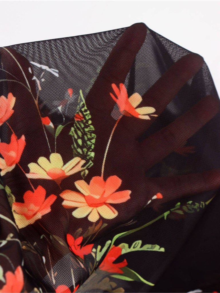 Abito lungo con volant in rete floreale nero anni '30