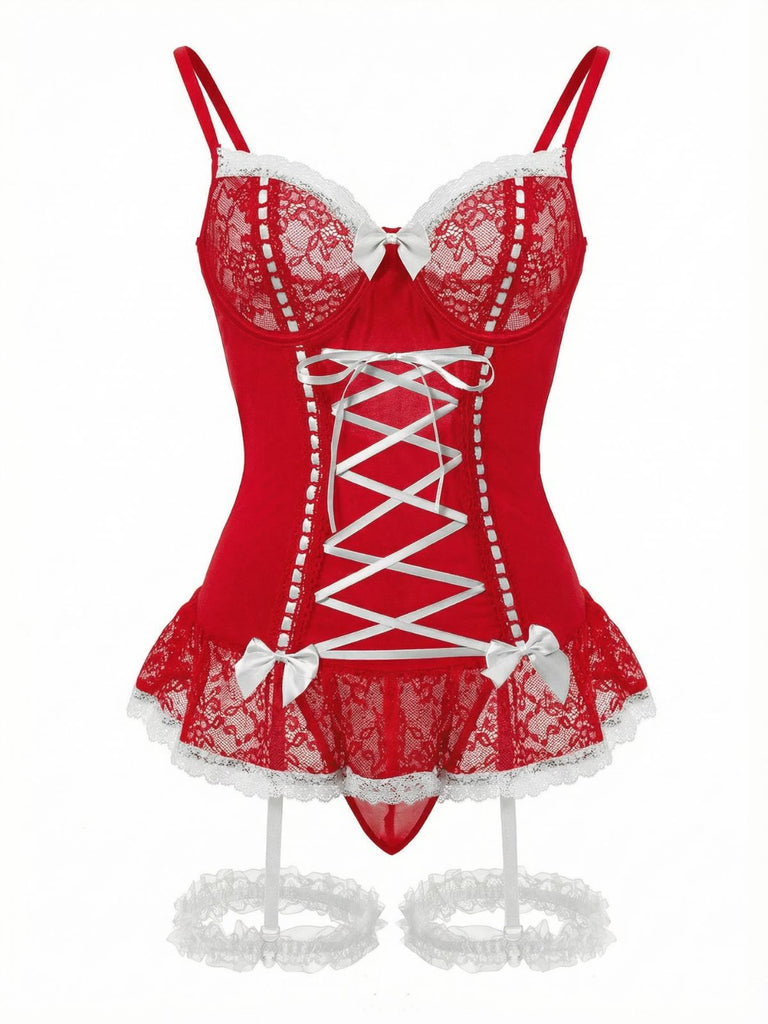 Completo intimo con lacci e fiocco in pizzo a contrasto anni '70