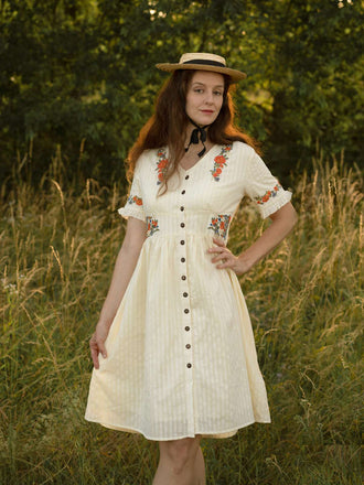 Abito floreale scollo a V in puro cotone beige anni '40