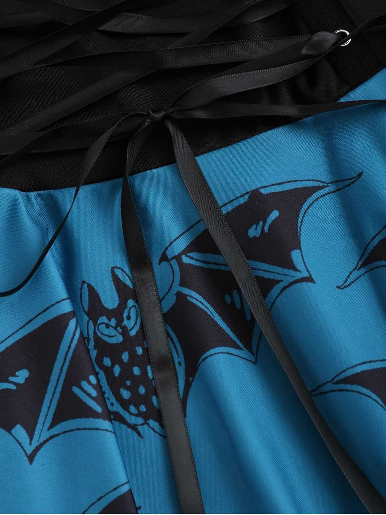 [Taglia forti] Abito con lacci a pipistrello Halloween blu scuro anni '50