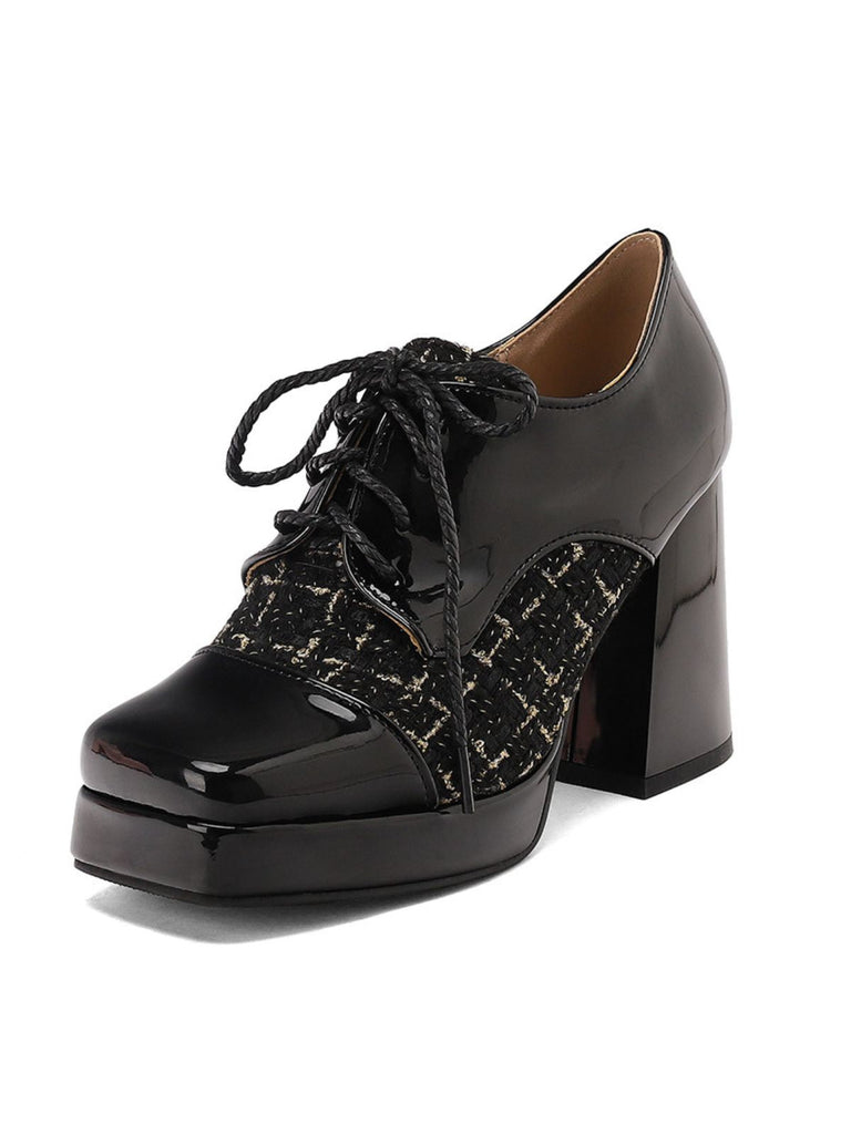 Scarpe Mary Jane a quadri con tacco a blocco e punta quadrata