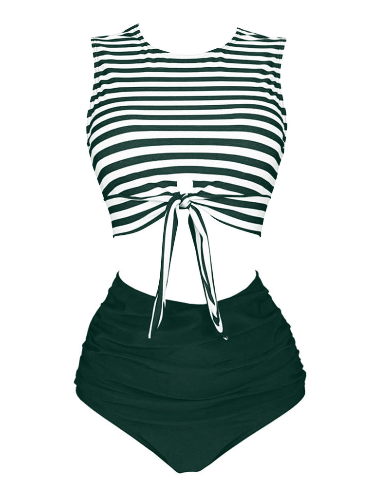 Costume da bagno patchwork a righe verde anni '70