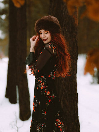 Abito lungo con volant in rete floreale nero anni '30