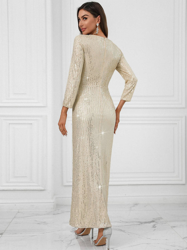 Abito a maniche lunghe scollo a V paillettes beige anni '20