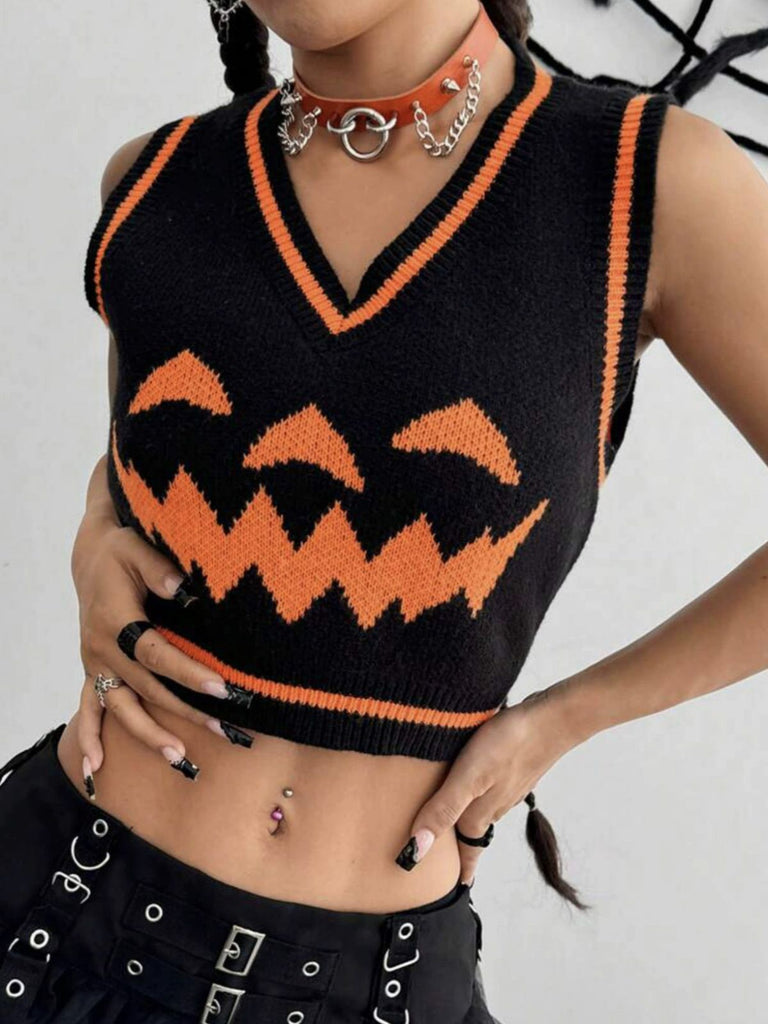 Gilet con faccia di zucca Halloween nero anni '70