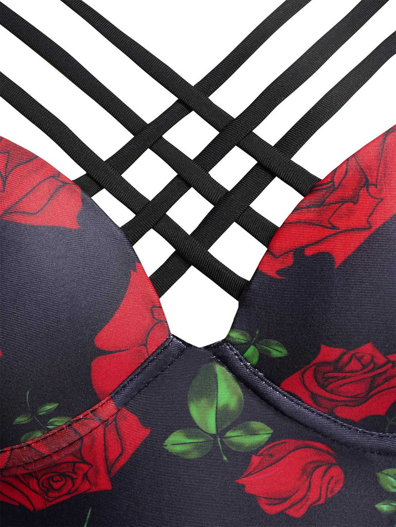 Set bikini gotico rose spalline sottili nero anni '80